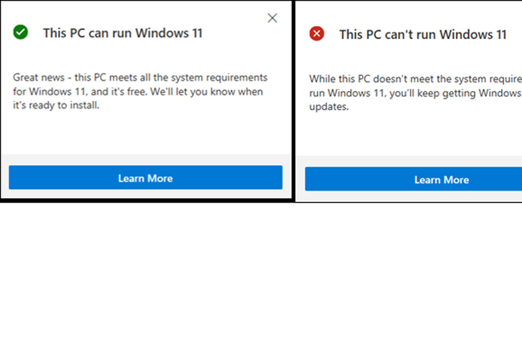 (Kiri) Indikator bahwa PC sudah kompatibel dengan Windows 11; (kanan) indikator PC belum kompatibel dan tidak bisa menjalankan Windows 11.