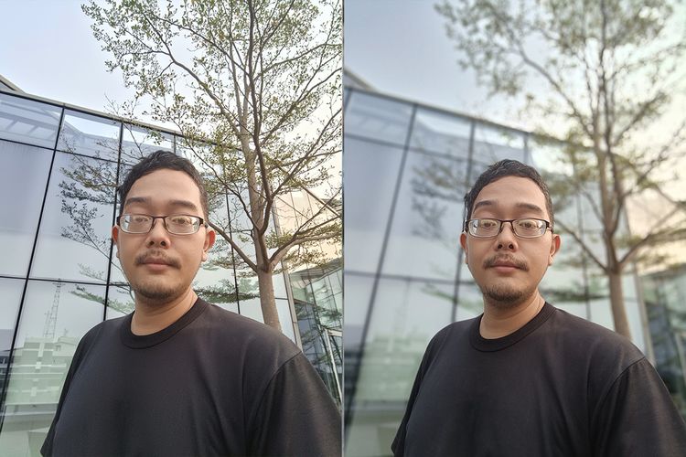 Hasil foto kamera selfie Oppo Reno 10 dengan mode foto reguler (kiri) dan portrait