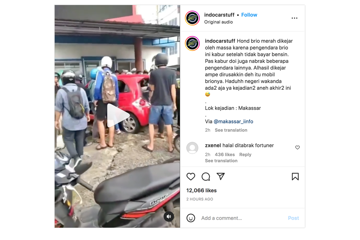 Beredar video di media sosial dengan narasi pengenara Honda Brio yang tidak mau membayar dan kabur usai mengisi bahan bakar minyak (BBM) di SPBU.
