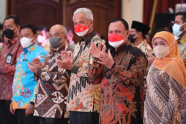 Gubernur Jawa Tengah (Jateng) Ganjar Pranowo saat menghadiri peringatan road to Hari Anti Korupsi Sedunia (Hakordia) di Gedung Negara Grahadi Jawa Timur, Kota Surabaya,  Kamis (1/12/2022).
