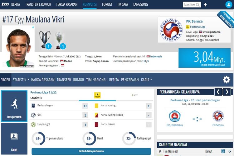 Situs Transfermarkt membocorkan kontrak baru Egy Maulana Vikri di FK Senica.