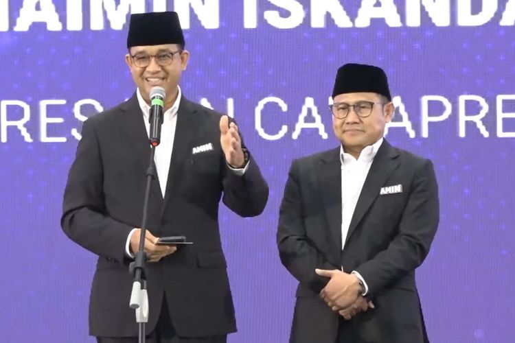 Pasangan nomor urut 1 Anies Baswedan-Muhaimin Iskandar saat menghadiri Rapat Koordinasi Nasional Sentra Penegakkan Hukum Terpadu (Gakkumdu) yang diadakan oleh Bawaslu RI, Senin (27/11/2023).
