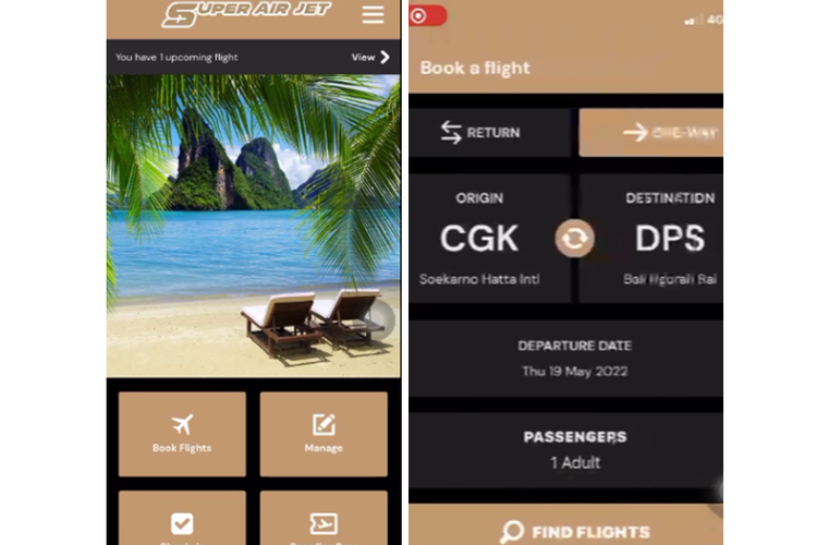Tangkapan layar mobile apps pemesanan tiket Super Air Jet.