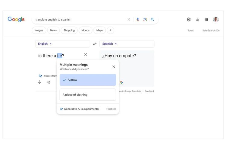 Saat meminta terjemahan dari Inggris ke Spanyol, Search kini dapat meminta Anda mengklarifikasi satu kata yang mungkin memiliki banyak arti.