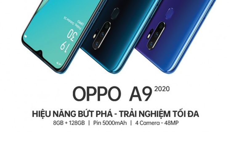 Poster Oppo A9 2020 menampakan empat kamera belakang di punggung.