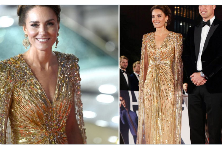 Kate Middleton dengan gaun emas mengilap saat menghadiri pemutaran perdana film James Bond terbaru No Time to Die, di London, Inggris. 