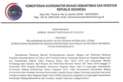 Kemenko Maritim Buka 72 Formasi CPNS 2019, Ini Rinciannya