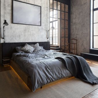 Ilustrasi kamar tidur bergaya industrial.