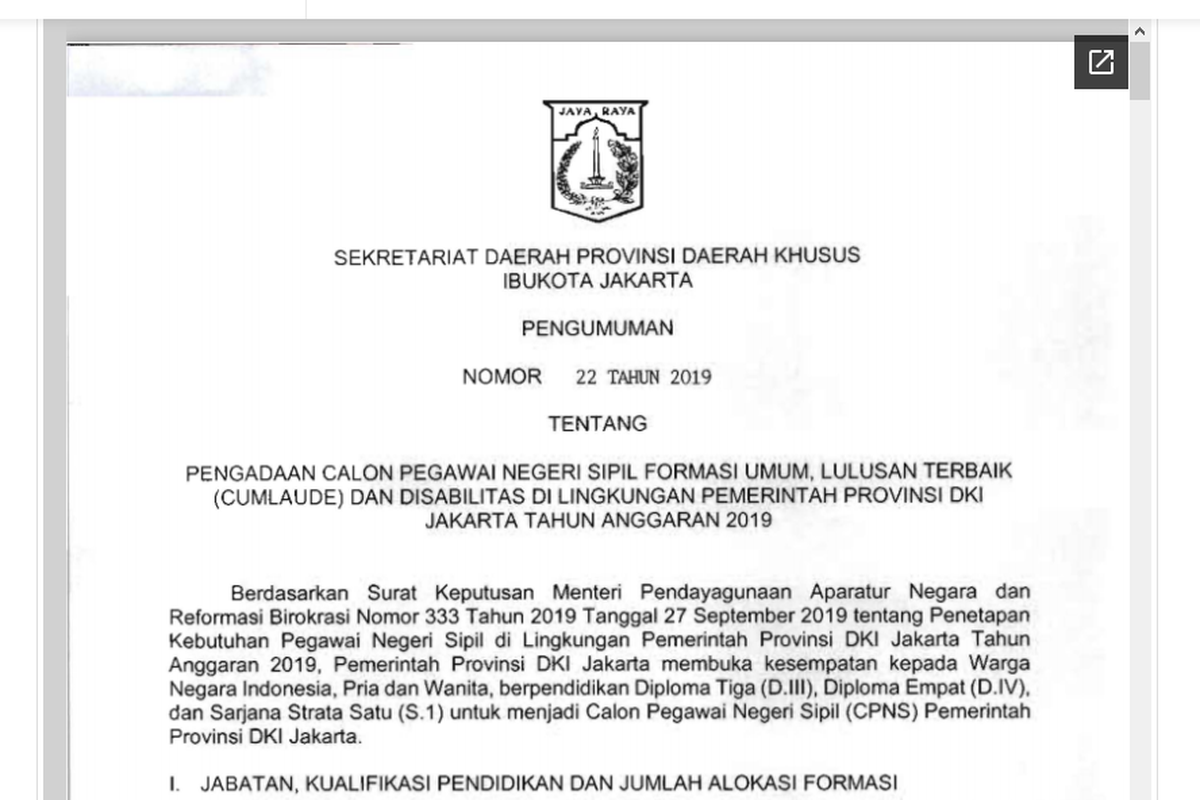 Pemprov DKI Jakarta menyiapkan lowongan untuk formasi umum, lulusan terbaik, dan penyandang disabilitas dalam pendaftaran CPNS 2019.