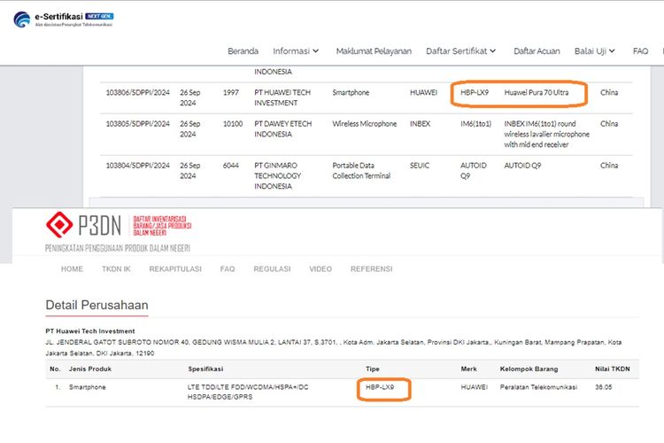 Screenshot sertifikasi Huawei Pura 70 Ultra di situs Postel dan TKDN Kemenperin