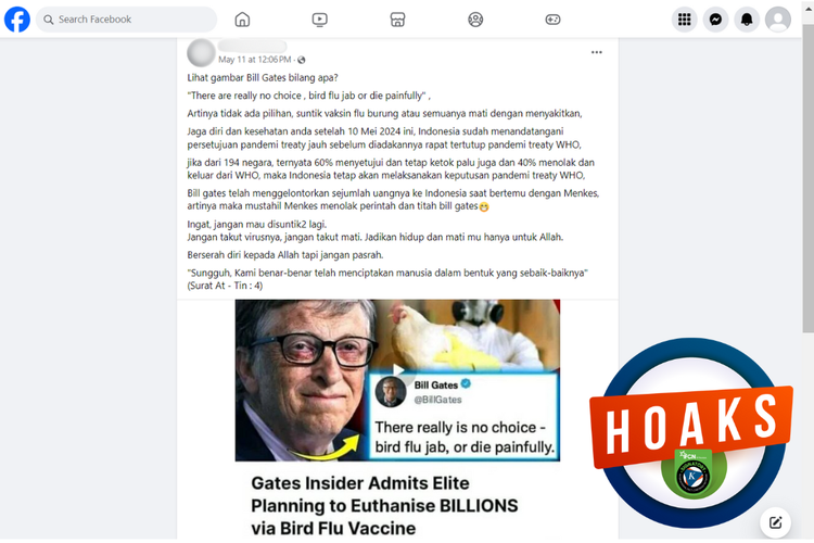 Tangkapan layar konten hoaks di sebuah akun Facebook, 11 Mei 2024, soal Bill Gates sengaja merusak pasokan pangan global untuk menciptakan pasar vaksin flu burung.