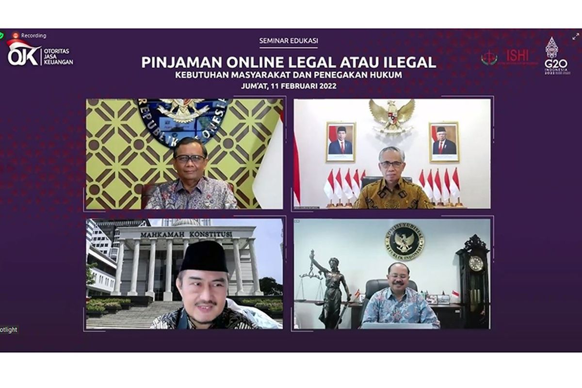 OJK dan Ikatan Sarjana Hukum Indonesia (ISHI) menggelar seminar edukasi bertajuk ?Pinjaman Online Legal atau Ilegal: Kebutuhan Masyarakat dan Penegakan Hukum? yang disiarkan melalui Zoom, Jumat (11/2/2022). 