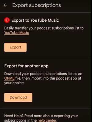 Tampilan untuk memindahkan langganan Google Podcasts ke YouTube Music