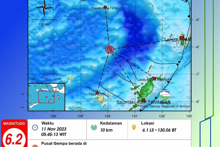 Peta gempa 6,2 magnitudl di Laut Banda, Maluku Tengah Sabtu (11/11/2023)
