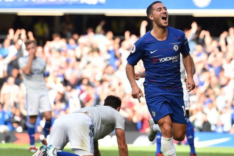 Eden Hazard merayakan gol pada laga Chelsea vs Cardiff City dalam lanjutan pekan ke-5 Premier League di Stadion Stamford Bridge, 15 September 2018.
