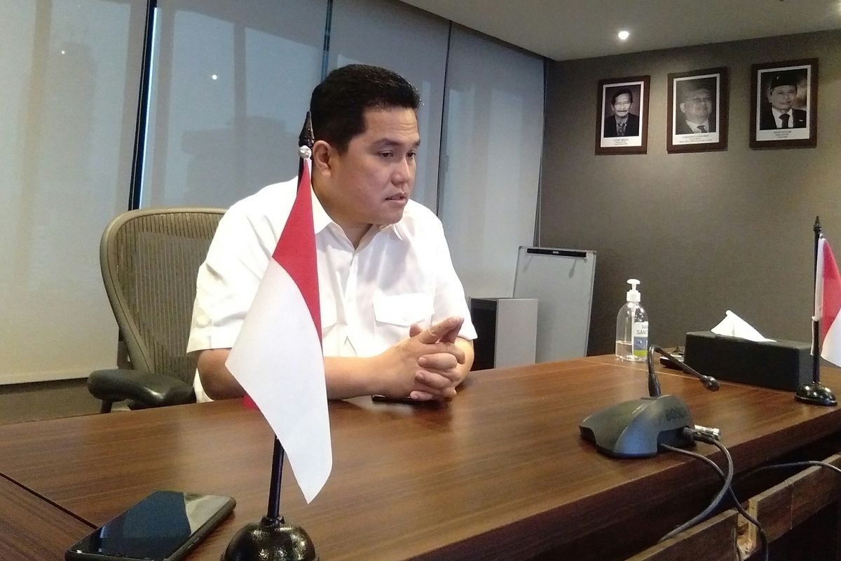 Menteri BUMN Erick Thohir ketika menjelaskan konsep PT Sarinah (Persero) dalam wawancara terbatasnya di Kementerian BUMN, Jakarta, Jumat (8/5/2020).