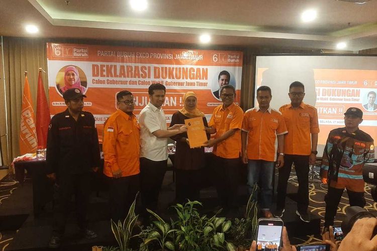 Pasangan Khofifah-Emil Dardak terima dukungan dari Partai Buruh untuk Pilkada Jatim 2024, Selasa (27/8/2024).