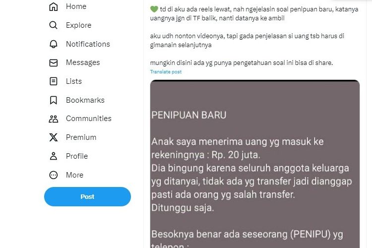 Tangkapan layar unggahan soal modus penipuan salah transfer uang.