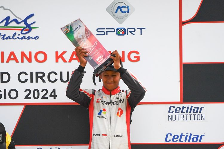 Pebalap Indonesia, Qarrar Firhand Ali, finis di podium ketiga balapan gokart Italian Championship di World Circuit La Conca, 16-19 Mei 2024. 