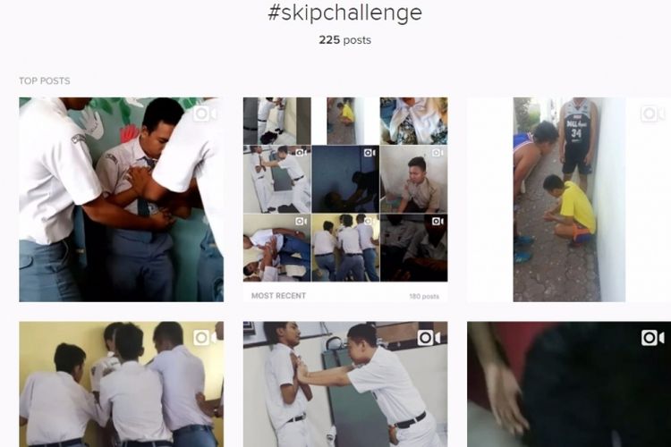 #SkipChallenge atau Skip Chalange, yaitu tantangan dengan cara menekan dada selama mungkin yang membuat peserta sampai mengalami pingsan. Video yang berisi tantangan ini sedang beredar di Instagram dan juga di Youtube, aksi seperti ini berbahaya dan tak boleh ditiru. 