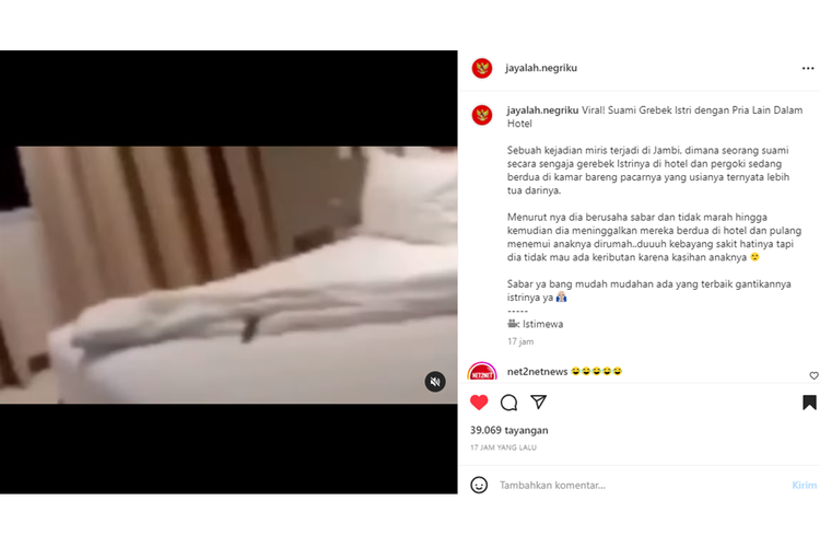 Tangkapan layar unggahan video bernarasi seorang suami menggerebek istrinya sedang berduaan di dalam hotel di Jambi.