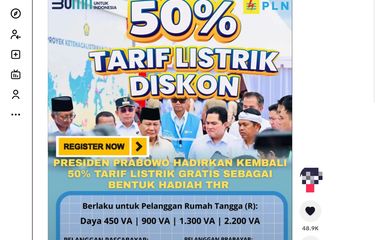 Tangkapan layar unggahan yang menyebut diskon tarif listrik 50 persen periode Maret-April 2025.