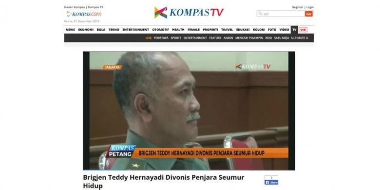 Hakim pada Pengadilan Militer Tinggi II, Penggilingan, Jakarta Timur, menjatuhkan vonis seumur hidup kepada Brigjen Teddy Hernayadi, Rabu (30/11/2016).