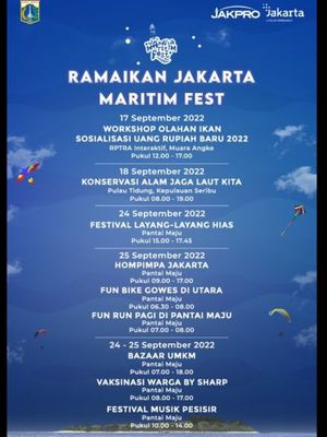 Poster acara Jakarta Maritim Fest di Jakarta Utara dan Kepulauan Seribu pada 17 dan 18 September serta 24 dan 25 September 2022. 