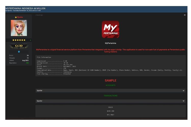 Tangkapan layar Bjorka mengklaim telah meretas 44 juta data MyPertamina