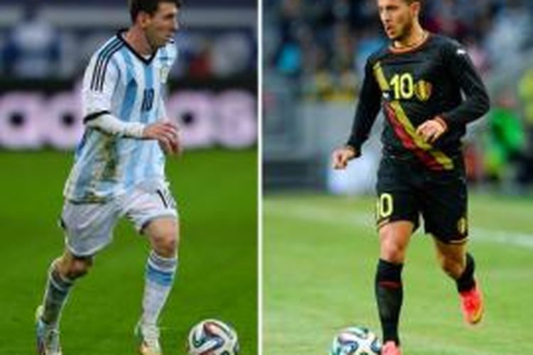 Pemain Argentina, Lionel Messi (kiri) dan pemain Belgia, Eden Hazard (kanan).