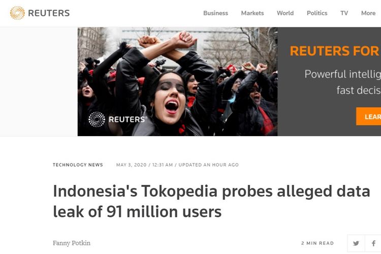 Tangkapan layar dari pemberitaan media Perancis, Reuters, yang turut menyoroti kasus dugaan 91 juta data pengguna Tokopedia bocor.