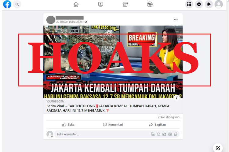 Tangkapan layar unggahan dengan narasi hoaks di sebuah akun Facebook, 20 Januari 2023, mengenai gempa berkekuatan 12,7 SR di DKI Jakarta.