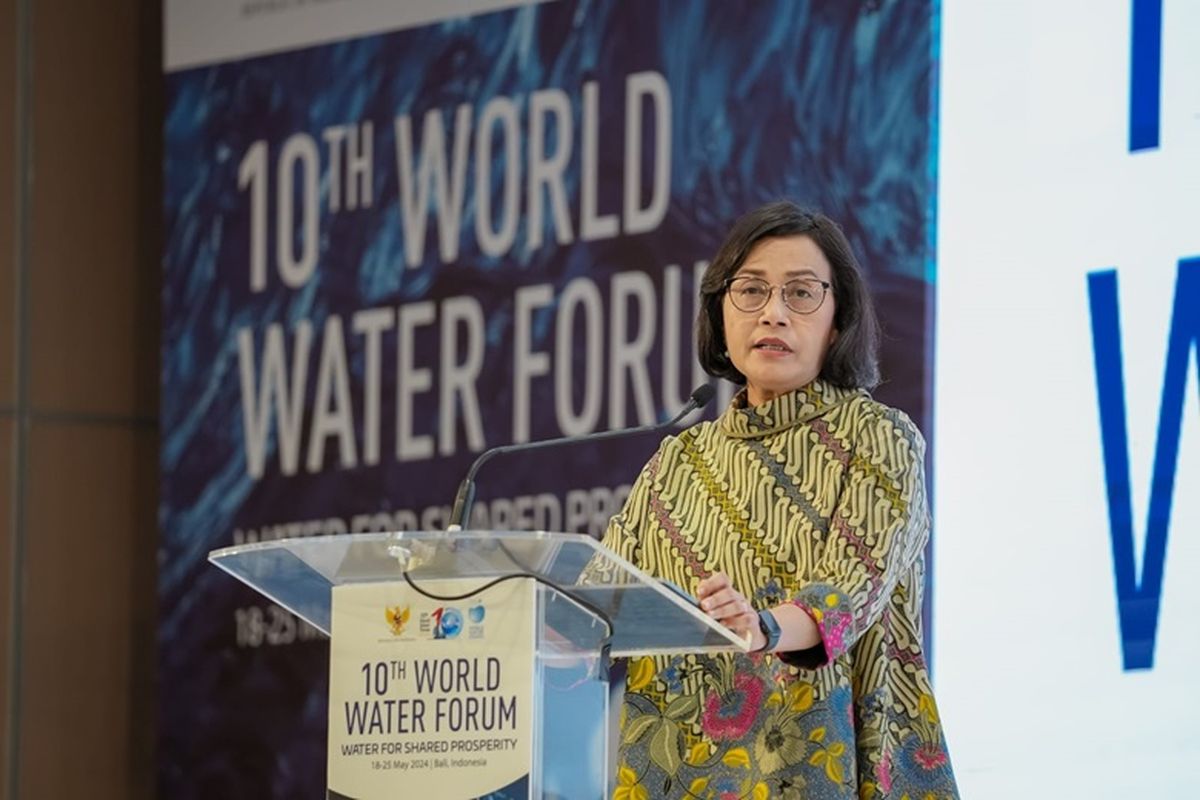 Menteri Keuangan Republik Indonesia Sri Mulyani Indrawati dalam High Level Panel (HLP) 16 World Water Forum Ke-10, di Nusantara 2 Room, Bali International Convention Center, Bali, Selasa (21/05/2024).