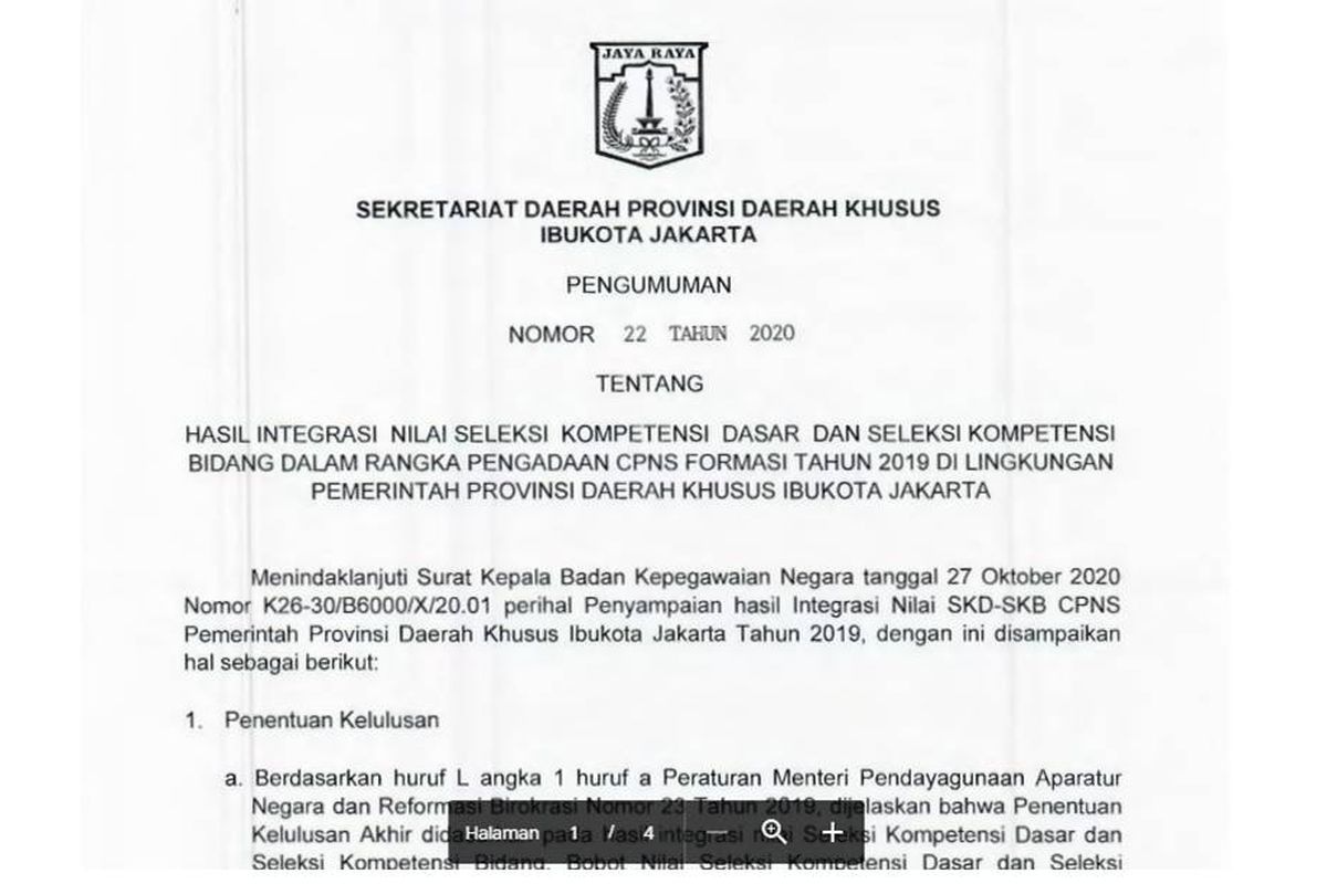 Tangkapan layar pengumuman CPNS 2019 Pemprov DKI Jakarta