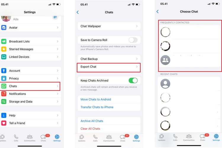 Ilustrasi cara melihat nomor yang sering dihubungi di WhatsApp melalui Frequently Contacted di ekspor chat.