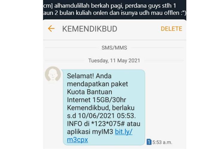 Seorang warganet mengunggah sebuah twit yang menyatakan bahwa bantuan kuota Kemendikbud telah cair pada Rabu (11/5/2021) pagi.