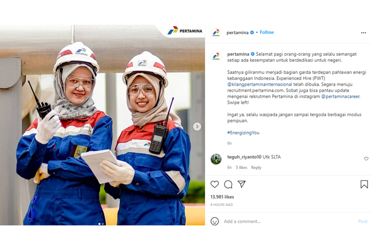 Tangkapan layar unggahan akun Instagram PT Pertamina soal lowongan kerja melalui program Experienced Hire 2021 untuk PT Kilang Pertamina Internasional. 