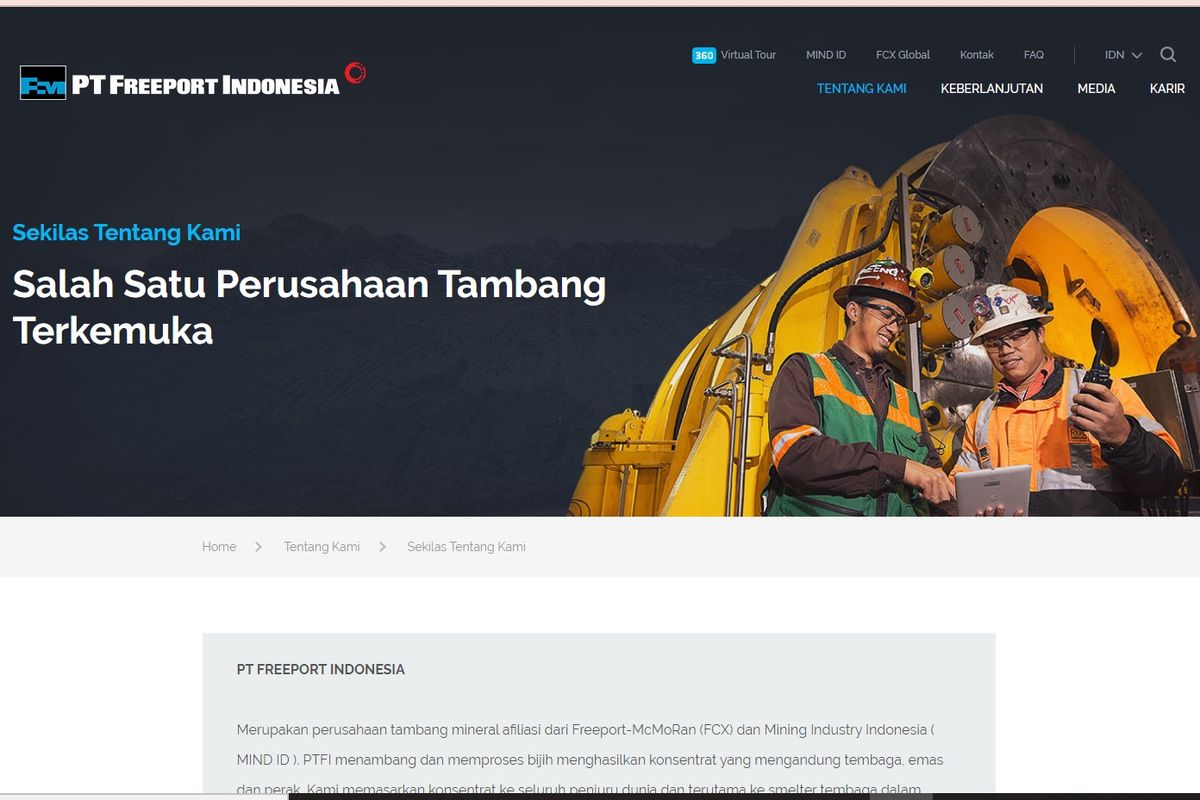 Tangkapan layar halaman depan website PT Freeport Indonesia.