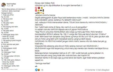 Tangkapan layar unggahan hoaks soal biaya tilang terbaru dari Kapolri baru.