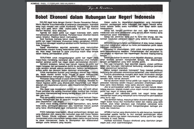 Tajuk rencana harian Kompas edisi 17 Februari 1988 menyoroti arah kebijakan luar negeri Indonesia.