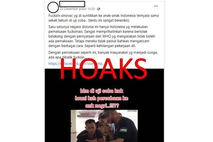 Tangkapan layar unggahan Facebook tentang hoaks vaksin Sinovac belum diujicoba pada anak