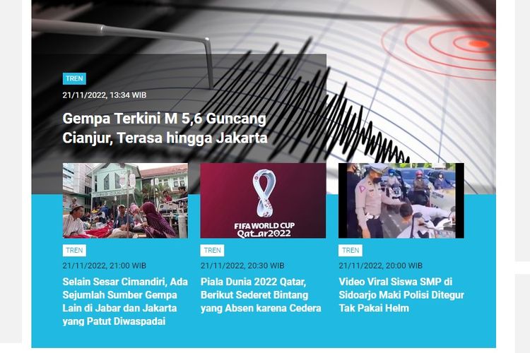 Tangkapan layar berita populer di laman Tren sepanjang Senin (21/11/2022) hingga Selasa (22/11/2022) pagi.