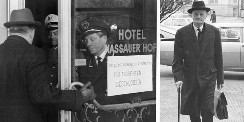 La conférence Bilderberg de 1966 a eu lieu à Wiesbaden, en Allemagne, où les dirigeants américains et européens se sont rencontrés, dont le secrétaire général de l'OTAN Manilo Brosio (à droite).  [Par l'historique]