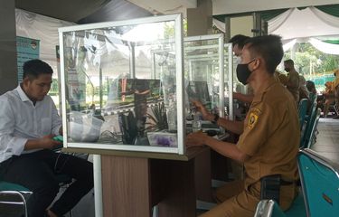 Suasana tes Seleksi Kompetensi Dasar (SKD) CPNS 2021 di Gedung Tegar Beriman, Cibinong, Kabupaten Bogor, Jawa Barat, Senin (20/9/2021).