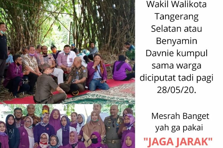 Sebuah foto Wakil Wali Kota Tangerang Selatan, Benyamin Davnie melanggar protokol kesehatan dengan tidak menjaga jarak, viral di jejaring pesan singkat. Foto tersebut terjadi saat Benyamin menghadiri halalbihalal di kawasan Jombang, Ciputat, Tangerang Selatan, Kamis (28/5/2020)