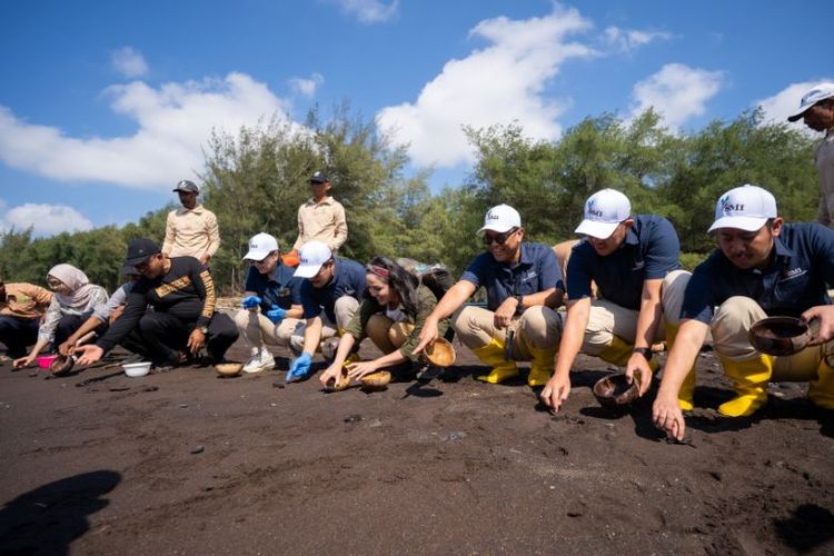 Pelepas liaran tukik ke laut di Pantai Cemara, Banyuwangi. Kegiatan ini menjadi simbol sinergi antara konservasi lingkungan dan pembangunan berkelanjutan. 
