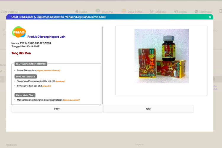 Tangkapan layar laman BPOM mengeni informasi obat herbal Tong Mai Dan
