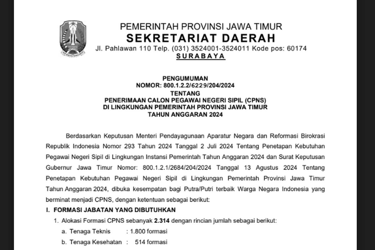 Pengumuman formasi CPNS Jatim 2024. Pemprov Jawa Timur mengumumkan kebutuhan 2.314 formasi dalam seleksi CPNS 2024.