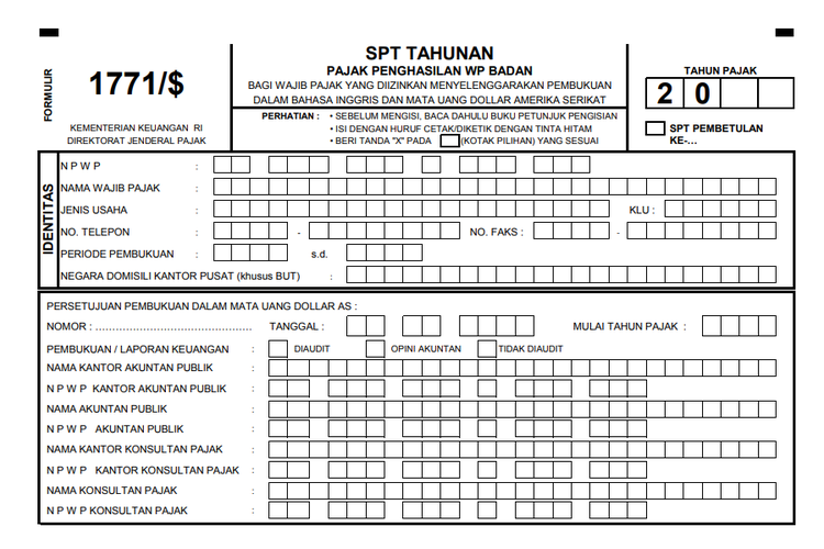 Tangkap layar formulir SPT 1771 $.