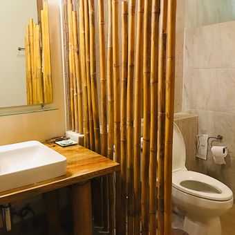 Ilustrasi kamar mandi - Penggunaan bambu sebagai pemisah ruangan antara area wastafel dan area toilet.
